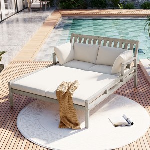 Whisen Outdoor Daybed, Patio Daybed with Four Pillows, Wooden Outdoor Bed with Curved Armrests - 1 of 4