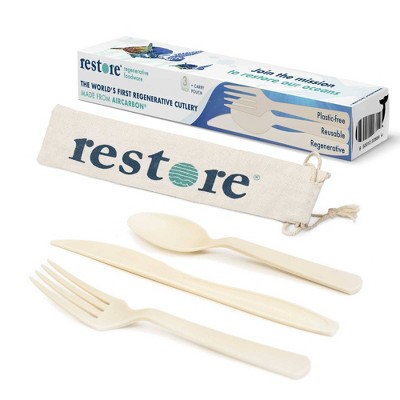 Restore Foodware AirCarbon Natural Cutlery Pack with Bag - 3pc. Plastic-free, reusable, regenerative