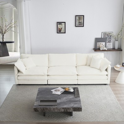 GlasFlength Mid-Century Modern Couch 3-Seater Sofa with 2 Armrest Pillows and 3 Toss Pillows, Couch for Living Room, White Chenille, 111.5*35*33