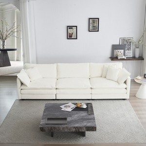 GlasFlength Mid-Century Modern Couch 3-Seater Sofa with 2 Armrest Pillows and 3 Toss Pillows, Couch for Living Room, White Chenille, 111.5*35*33 - 1 of 4
