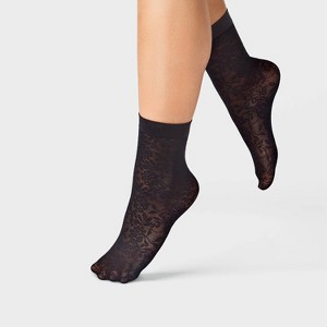 Women's Floral Mesh 2pk Anklet Socks - A New Day™ Black/Ivory One Size - 1 of 3