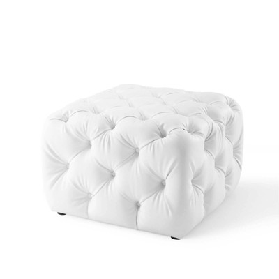 Luxe White Faux Leather Tufted Square Ottoman with Dense Foam Padding