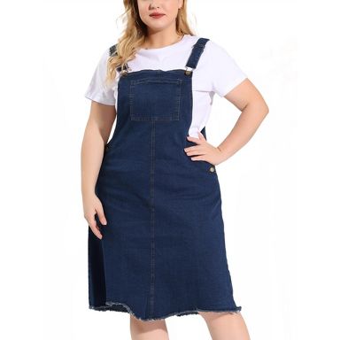 Women's Plus Size Overall Frayed Adjustable Strap Denim Suspender Shift Dresses - Agnes Orinda Navy Blue 1X