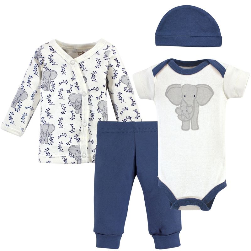 Touched by Nature Baby Boy Organic Cotton Preemie Layette 4pc Set, Elephant, Preemie, 1 of 7