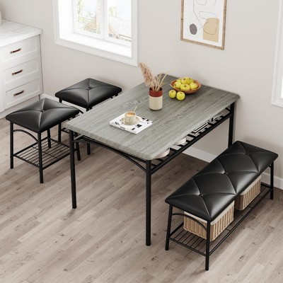 Kitchen Table with Bench, Dining Room Table Set for 4 with Upholstered Bench and Square Stools, Table Set with Storage -Black