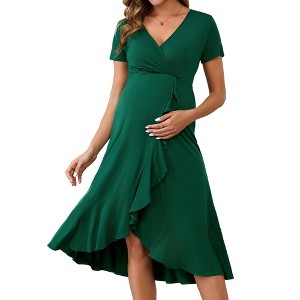 INSPIRE CHIC Women's Maternity Wrap Dress V Neck Ruffle Hem Pregnancy Cloths for Wedding Guest Cocktail - 1 of 4