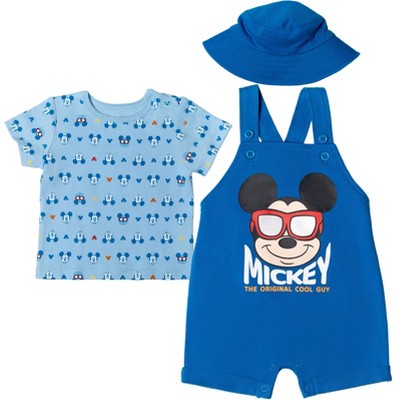 Image of Disney Mickey Mouse Newborn Baby Boys 3 Piece Outfit Set: Short Overalls T-Shirt Hat Blue 6-9 Months