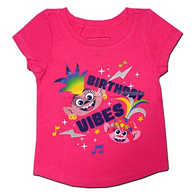 Trolls Girl's Birthday Vibes Glitter Print Short Sleeve Graphic Tee For ...