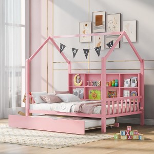 Wooden Platform House Bed with Trundle and Shelf-ModernLuxe - 1 of 4
