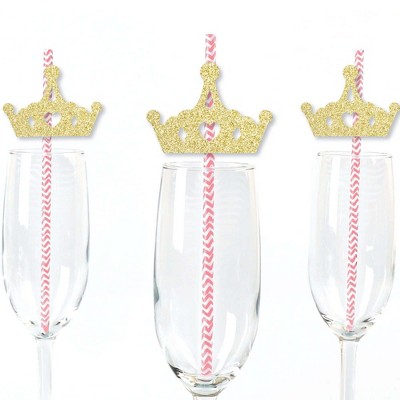 Big Dot of Happiness Gold Glitter Princess Crown Party Straws - No-Mess Real Glitter Cut-Outs & Baby Shower or Birthday Party Paper Straws - Set of 24