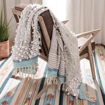 Beige and Blue Reversible Wool Throw Blanket