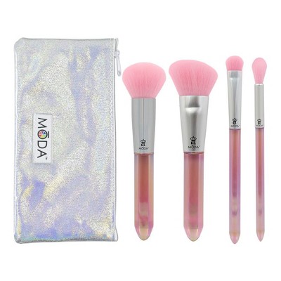 MODA Brush Mythical 5pc Rose Quartz Crystal Makeup Brush Set with Holographic Zip Case, Includes - Powder, Angle Blush, MD Shader, and Crease Brushes