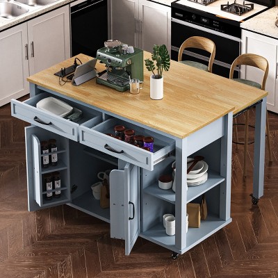 Rolling Kitchen Island With Extendable Table And Power Outlet,Kitchen Island Cart With Internal Storage Rack,2 Drawers And 2 Cabinet -Maison Boucle