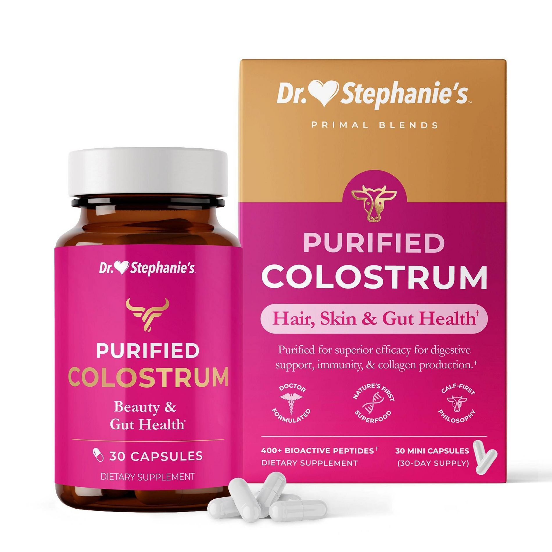Dr. Stephanie’s Primal Purified Colostrum Supplements for Gut, Skin, Hair and Immune Support Capsules - 30ct