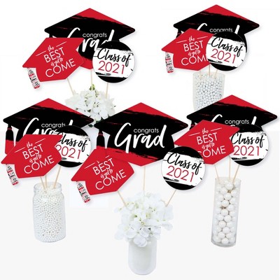 Big Dot of Happiness Red Grad - Best is Yet to Come - 2021 Red Graduation Party Centerpiece Sticks - Table Toppers - Set of 15