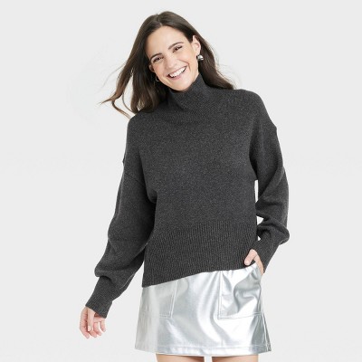 Women's Mock Turtleneck Pullover Sweater - A New Day™ Dark Gray Xs : Target