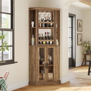 Corner Bar Cabinet, 68.5" Tall Farmhouse Wine Cabinet with Rotating Liquor Shelves with Barn Door & Adjustable Shelves - 1 of 4