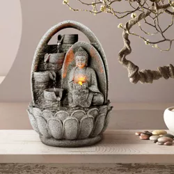 10.23" 4-Tiered Buddha Tabletop Indoor/Outdoor Waterfall Fountain with Led Lights - Gray - Teamson Home