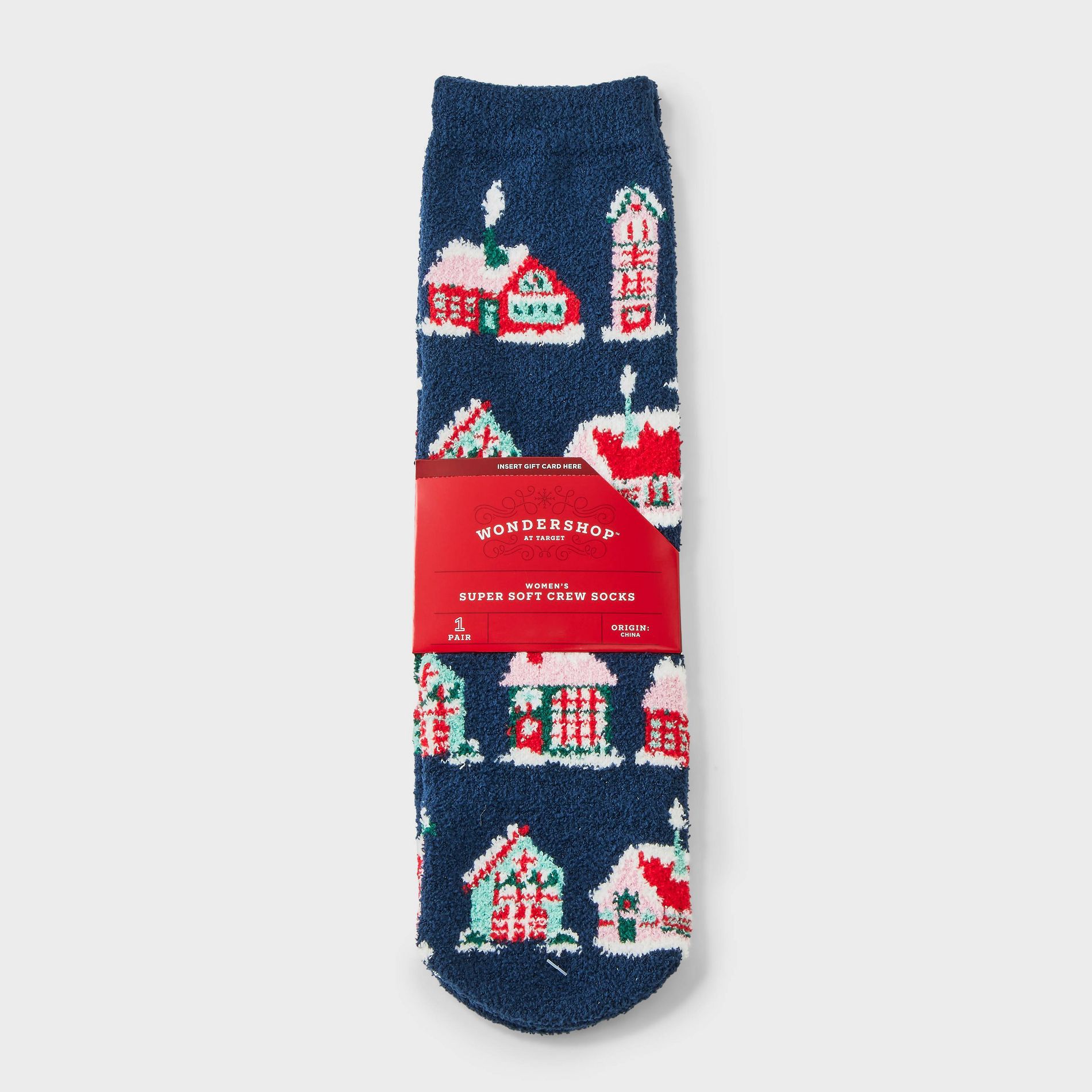 Women's Christmas Village Cozy Crew Socks with Gift Card Holder - Wondershop™ Navy 4-10