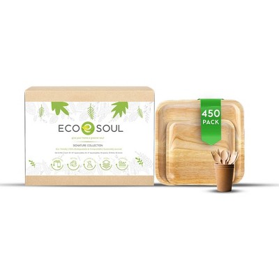 ECO SOUL Square 100 Percent Compostable, Biodegradable, Disposable Palm Leaf Plates and Birchwood Dinnerware Set, Microwave and Oven Safe (450 Piece)
