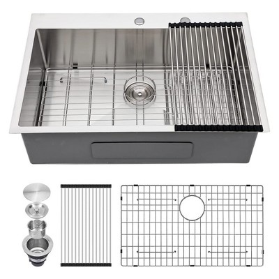 Sarlai ST3022R1 30 Inch Round Corner Deep Single Kitchen Sink with Bottom Rinse Grid, Roll Up Rack, and Drain Assembly, Stainless Steel