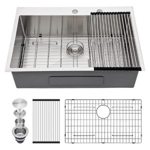 Sarlai ST3022R1 30 Inch Round Corner Deep Single Kitchen Sink with Bottom Rinse Grid, Roll Up Rack, and Drain Assembly, Stainless Steel - 1 of 4