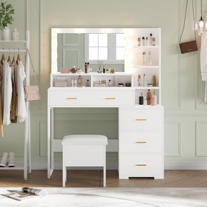 Vanity Desk with Mirror, 5 Large Drawers and 3 Tiers of Open Shelves for Bedroom & Dressing Room, Vanity for Women Girls - 1 of 4