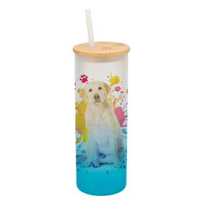 100 North 25 Ounce Frosted Glass Gradient Travel Tumbler With Straw & Wooden Lid, Yellow Labrador Paint Splatter Sky Blue