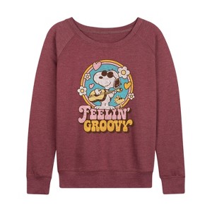 Women's - Peanuts - Feelin Groovy Snoopy And Woodstock Lightweight French Terry Wide Neck Long Sleeve Shirt - 1 of 4