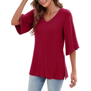 Chiffon Blouses for Women Ruffle 3/4 Sleeve Dressy V Neck Casual Flowy Tunic Tops - 1 of 4