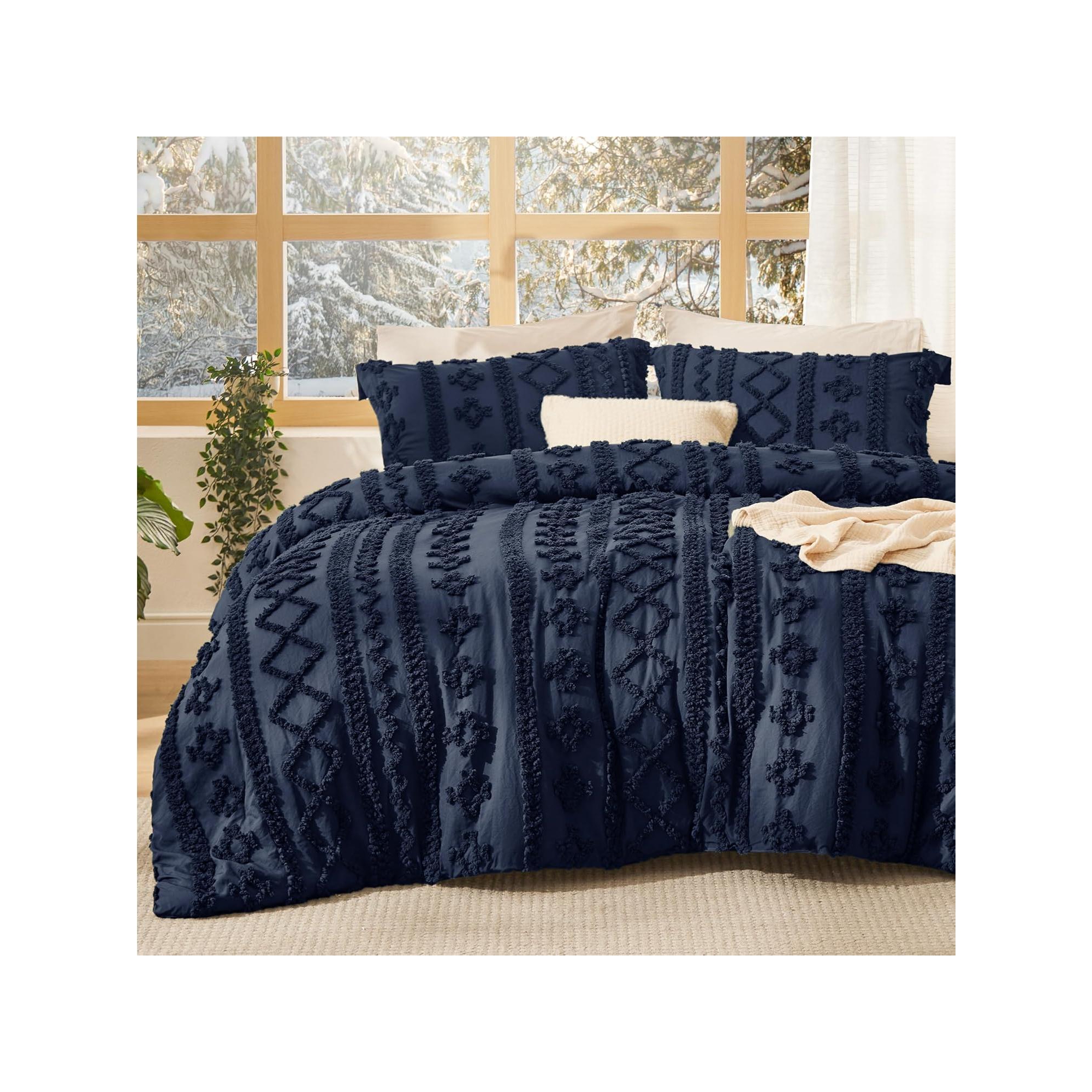3Pcs Tufted Boho Farmhouse Shabby Chic Embroidery Navy Queen Size Comforter Set - Bedsure