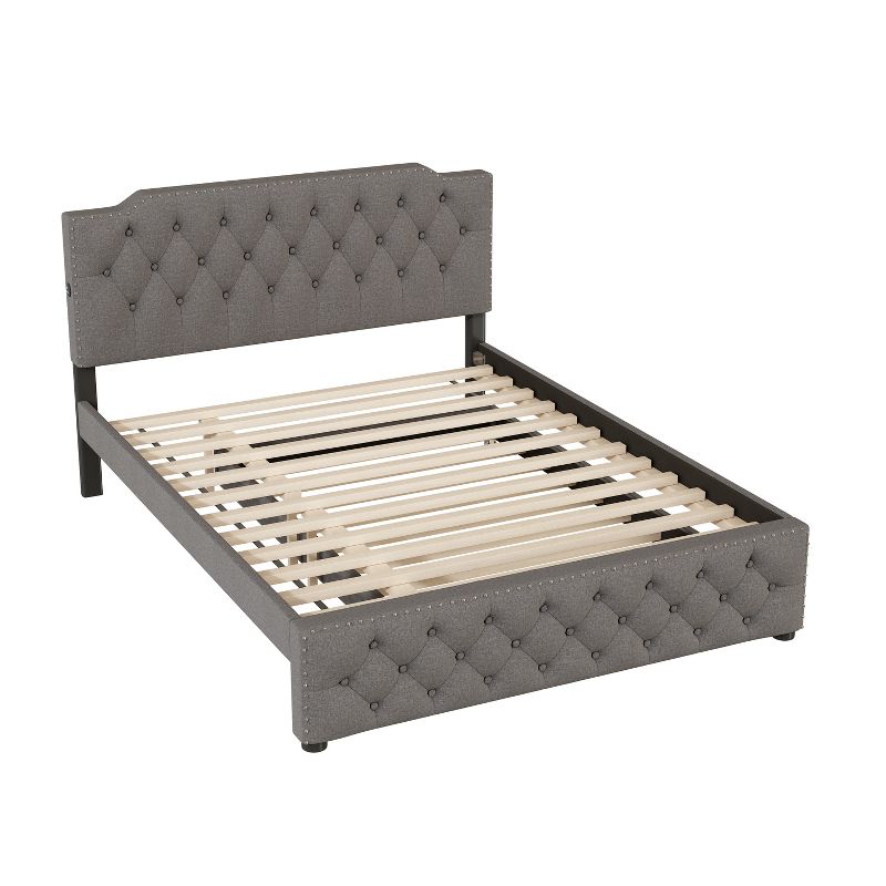 Queen Size Upholstered Platform Bed with USB Ports and Twin Size Trundle Bed/2 Drawers-ModernLuxe, 4 of 11