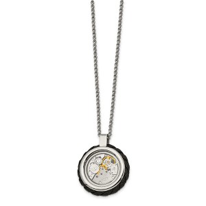 Black Bow Jewelry Stainless Steel, CZ & Leather 29mm Clockwork Necklace, 22 Inch - 1 of 4
