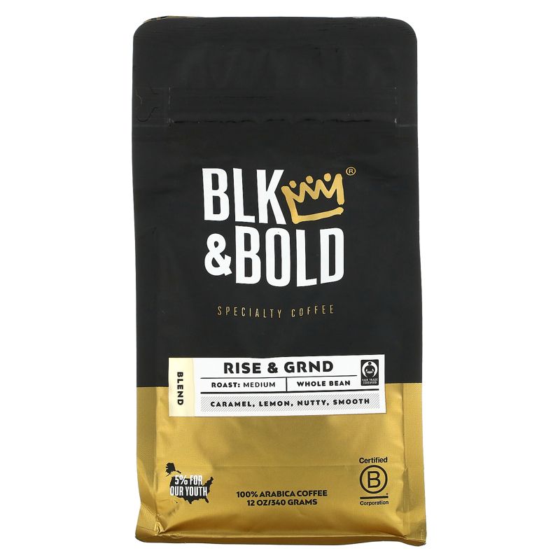 BLK & Bold Specialty Coffee, Rise & GRND, Whole Bean, Medium Roast, 12 oz (340 g), 1 of 3
