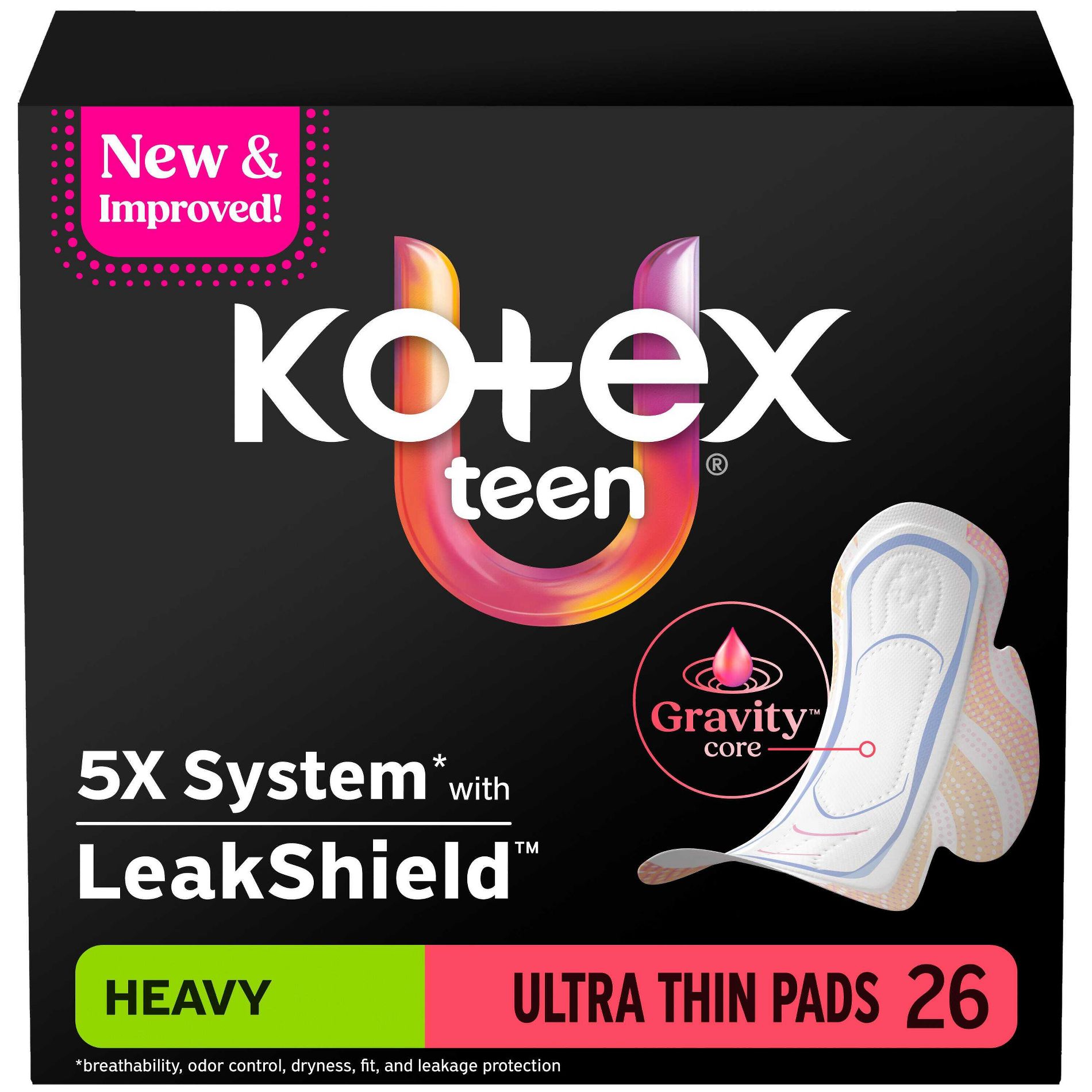 Kotex Core Teen Ultra-Thin Heavy Pads with Wings - 26ct