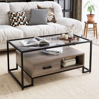 WhizMax Rectangular Coffee Table, Glass Coffee Table with Storage Shelf and Drawer
