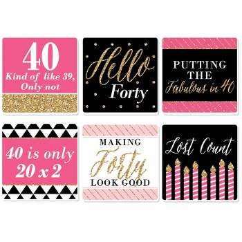 Big Dot of Happiness Chic 40th Birthday - Pink, Black and Gold - Funny Birthday Party Decorations - Drink Coasters - Set of 6