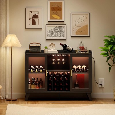 Bar Cabinet with LED Light, Racks & Glass Holder, Buffet Sideboard with Acrylic Doors and Drawer,  Black 47.24"W x 35.43"H x 15.75"D