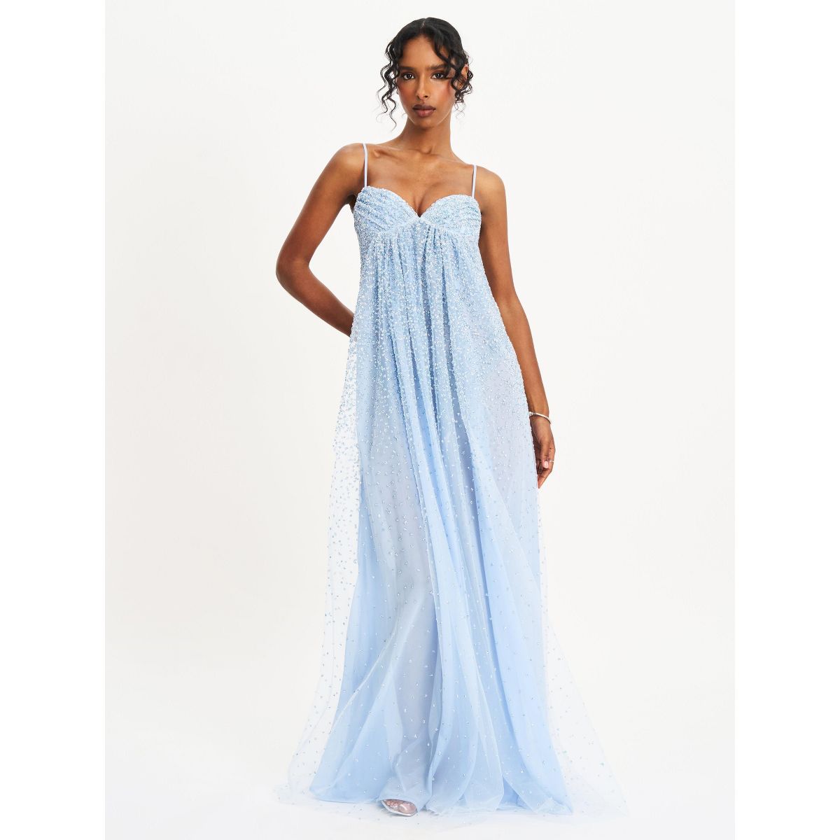 Miss Circle Wallie Baby Blue Rhinestone Embellished Mesh Backless Gown