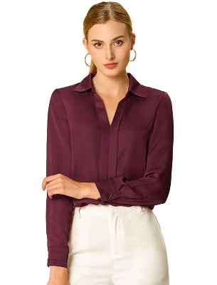 INSPIRE CHIC Women's Elegant V Neck Long Sleeve Office Work Satin Shirt