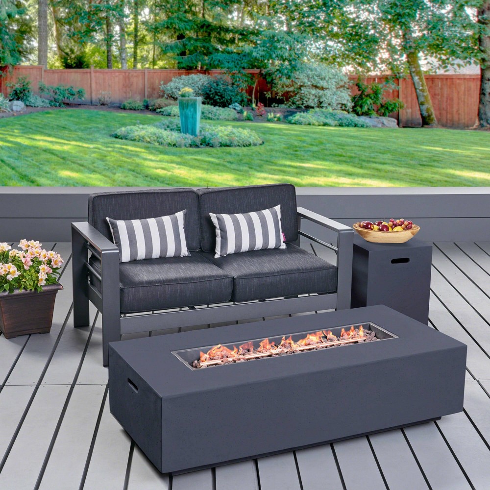 Photos - Garden Furniture Cape Coral 3pc Aluminum and Rectangular MGO Fire Table Set - Gray - Christopher Knight Home: Outdoor Chat Set with Propane F