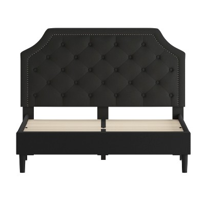 Elegant Queen-Sized Black Fabric Upholstered Bed with Nailhead Trim
