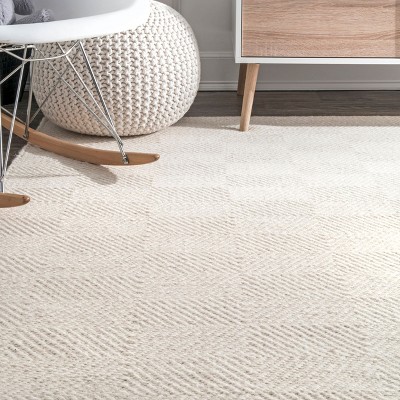 Cream Geometric Tufted Wool Area Rug, 5' x 8'
