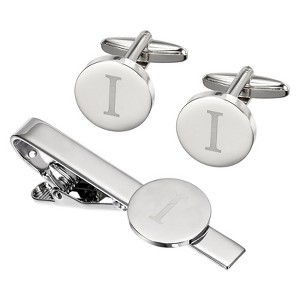 Unique Bargains Copper Engraved Initial Men Cufflinks and Tie Clip Bar Set Silver - 1 of 4