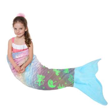 Catalonia Kids Mermaid Tail Blanket, Super Soft Plush Flannel Sleeping Blanket for Girls, Rainbow Ombre, Fish Scale Pattern, Gift Idea