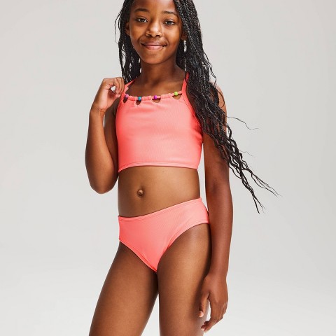 Cat & Jack Girls' Solid Bikini with Beads - Cat & Jack™ Coral Pink S