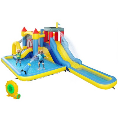 Qaba 6 in 1 Inflatable Water Slide Park, Kids Bounce House with Splash Pools, 2 Slides, Trampoline, Climbing Wall, Cannon, Basketball Hoop