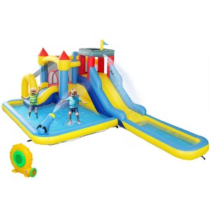 Qaba 6 in 1 Inflatable Water Slide Park, Kids Bounce House with Splash Pools, 2 Slides, Trampoline, Climbing Wall, Cannon, Basketball Hoop - 1 of 4