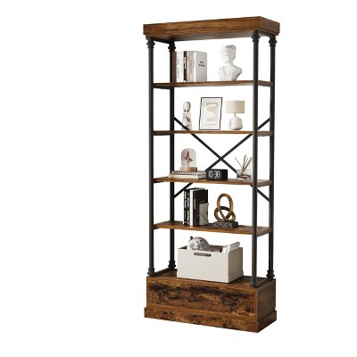 5-Tier Tall Bookshelf with Drawer, Vintage Industrial Bookcase, Farmhouse Storage Shelf for Home, Office, Living Room, Bedroom