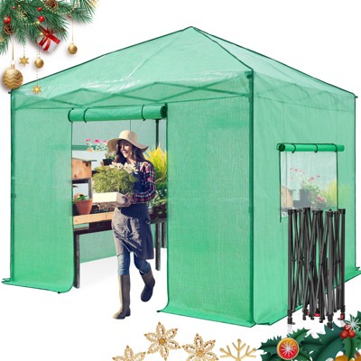 EAGLE PEAK 10x10 ft Instant Pop-up Greenhouse, Walk in Plant Gardening Greenhouse with Roll-Up Zipper Doors and Side Windows, Green/Clear